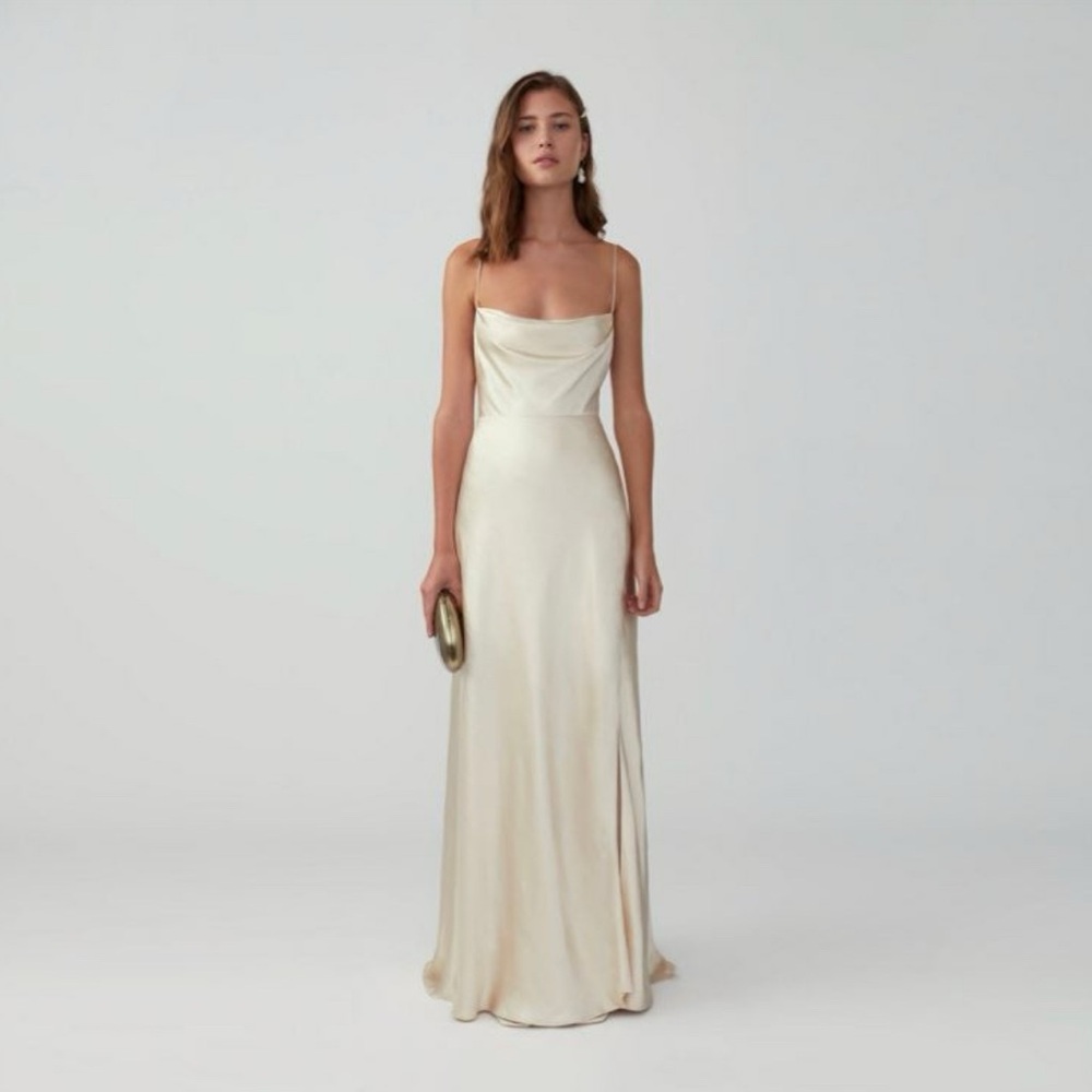 Fame and Partners Strappy Draped Matte Satin Champagne Gown